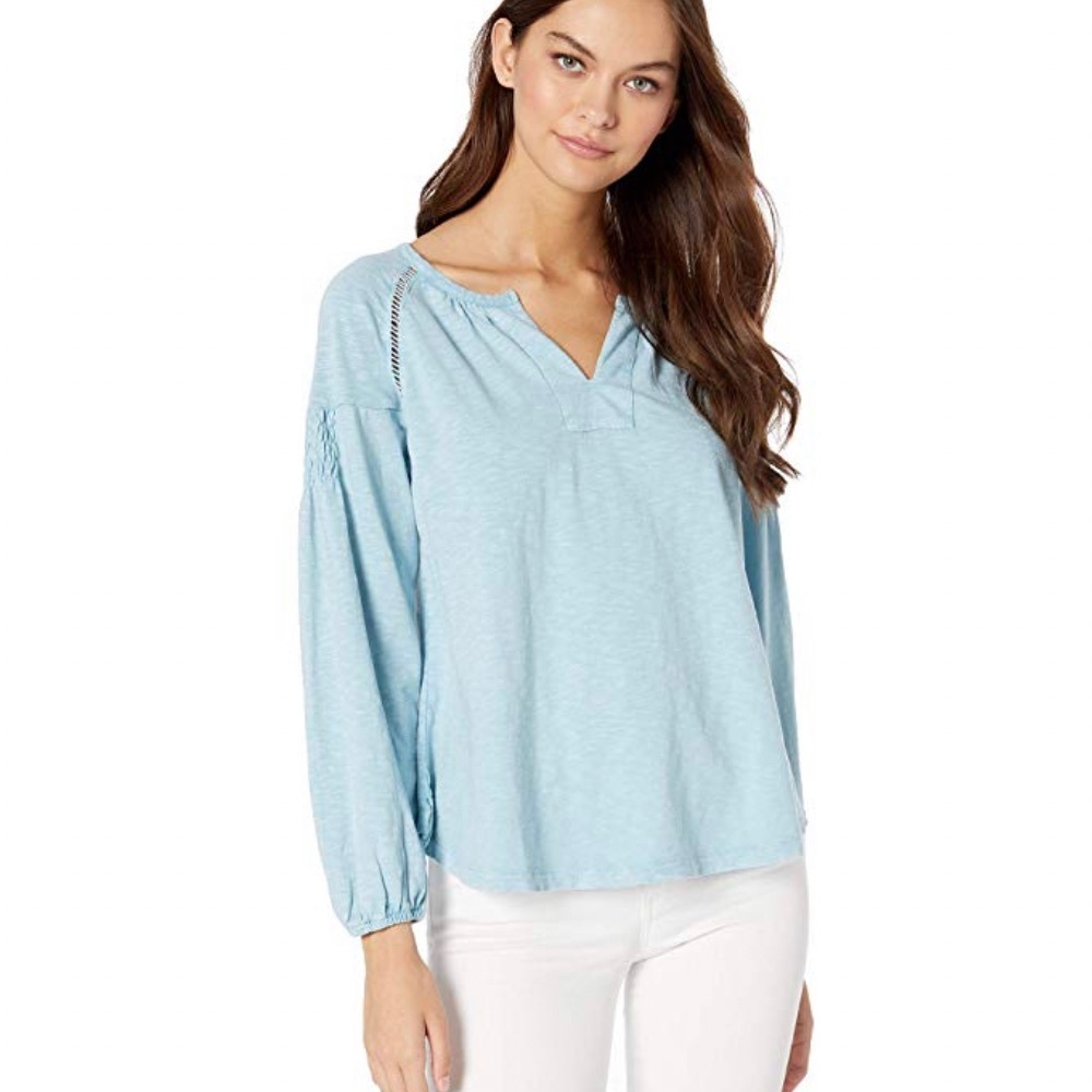 Frye Women's Blouses STONE - Stone Blue Notch‎ Neck Puff-Sleeve Top - XS NWT